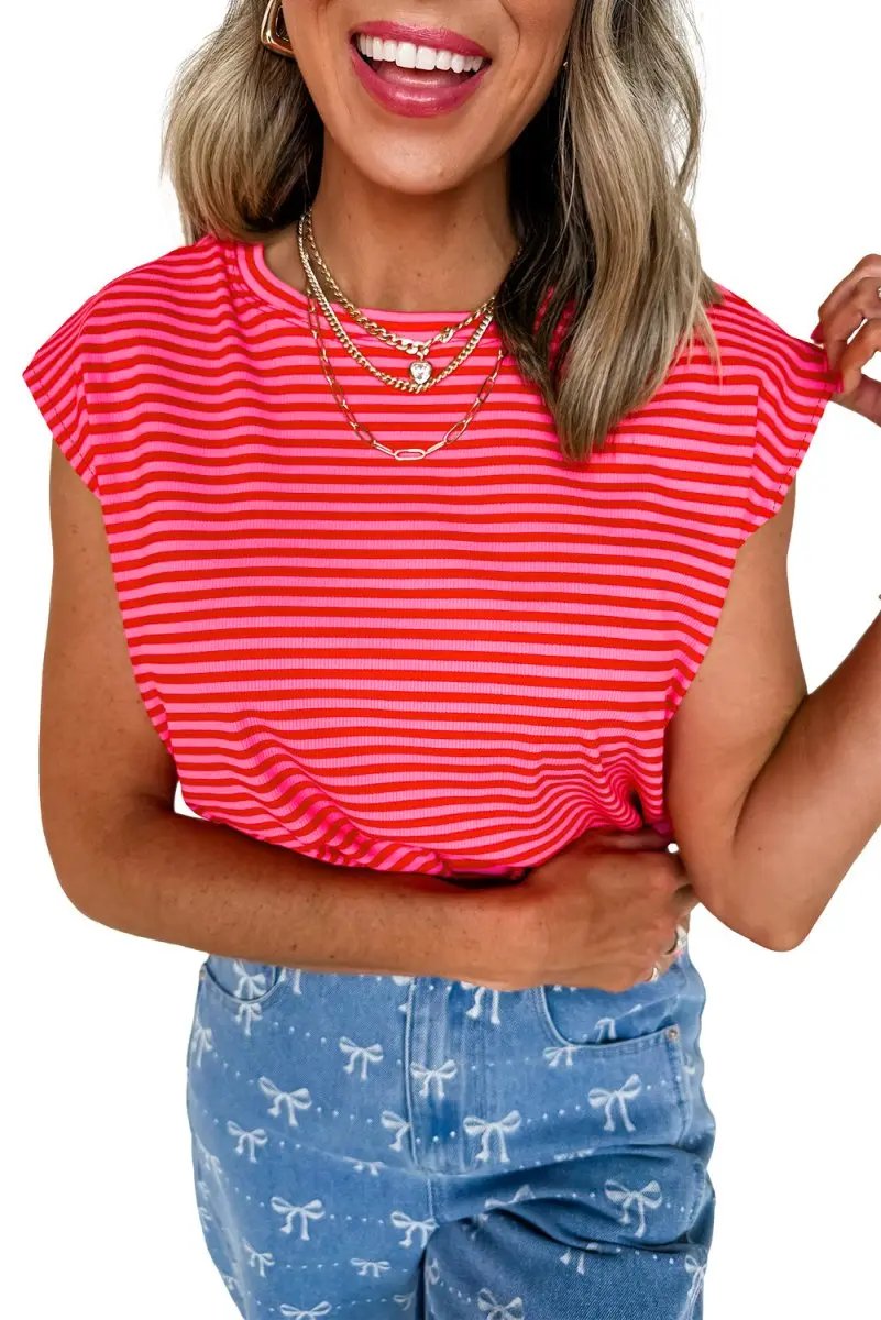 Red Stripe Ribbed Cap Sleeve Round Neck T Shirt for Women - Love Salve